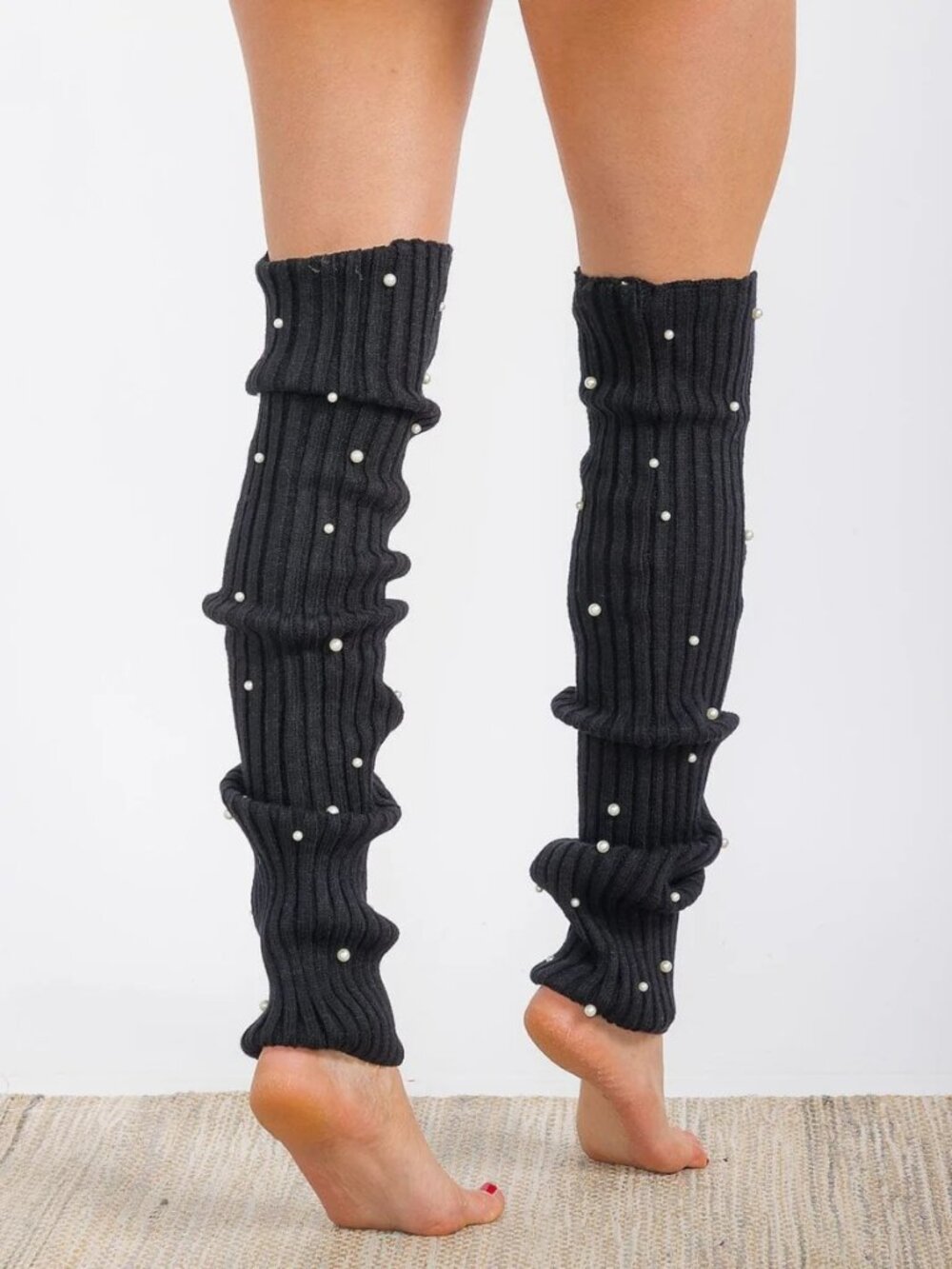 Black Pearl Embellished Ribbed Knit Leg Warmers One Size Coquette Y2K Balletcore